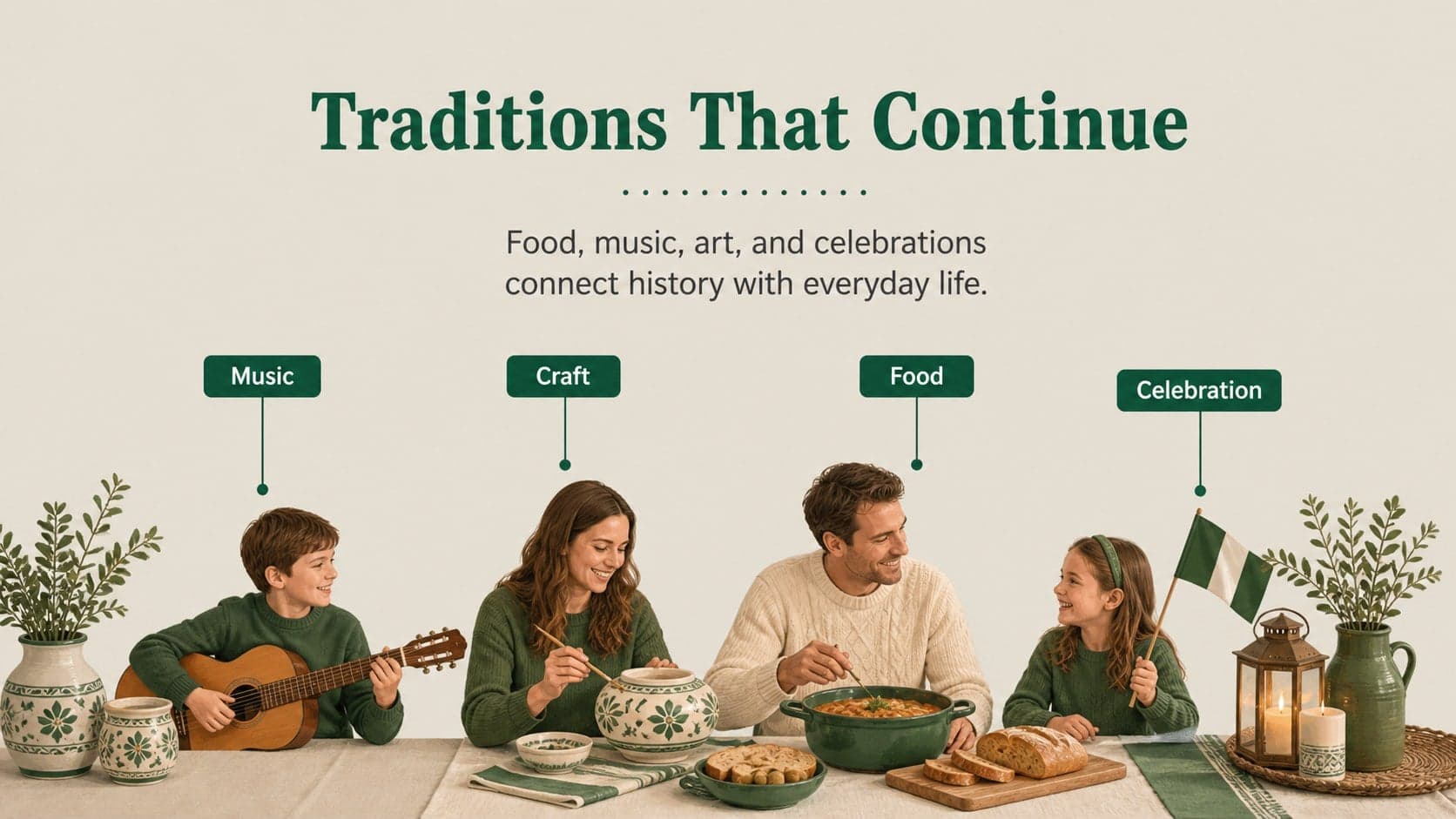 Cultural traditions slide featuring illustrated Mexican heritage objects for a classroom lesson.