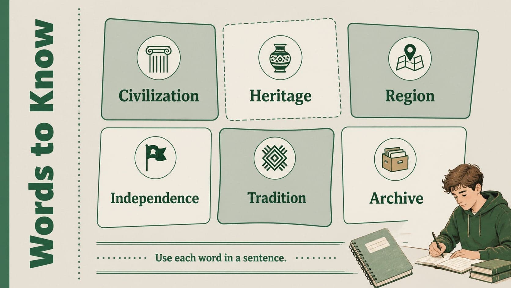 Mexico history vocabulary slide with illustrated terms for elementary students.
