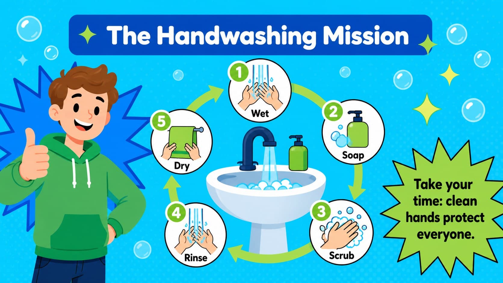 Handwashing steps slide presenting a kid-friendly hygiene routine with numbered illustrations.