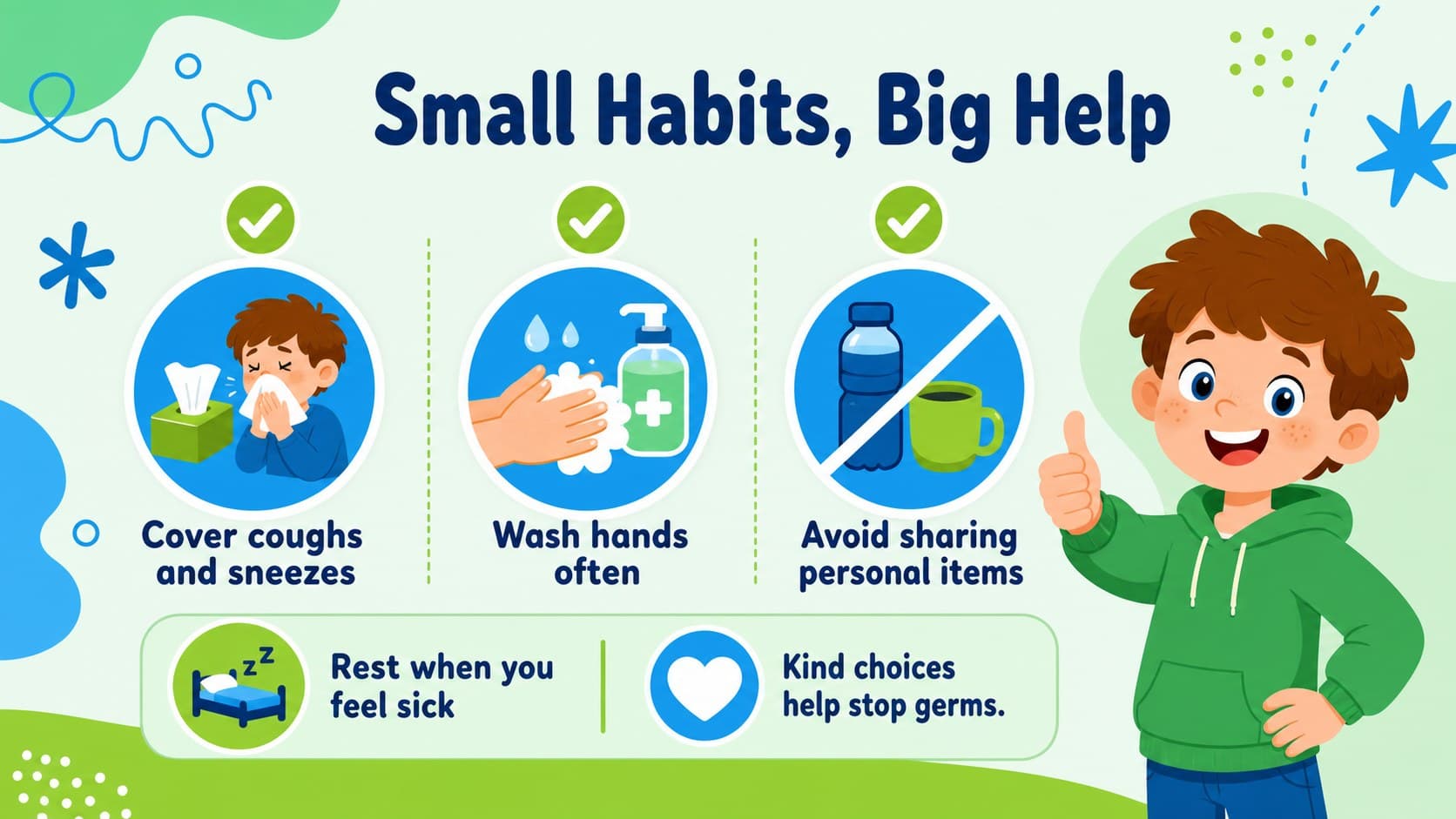 Everyday hygiene habits slide with illustrated reminders for covering coughs and staying home when sick.