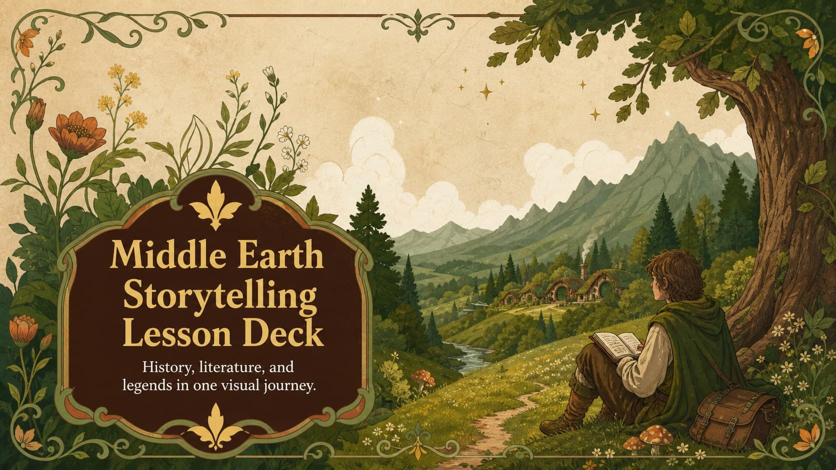 Illustrated cover introducing a middle earth storytelling lesson deck with botanical medieval fantasy details.