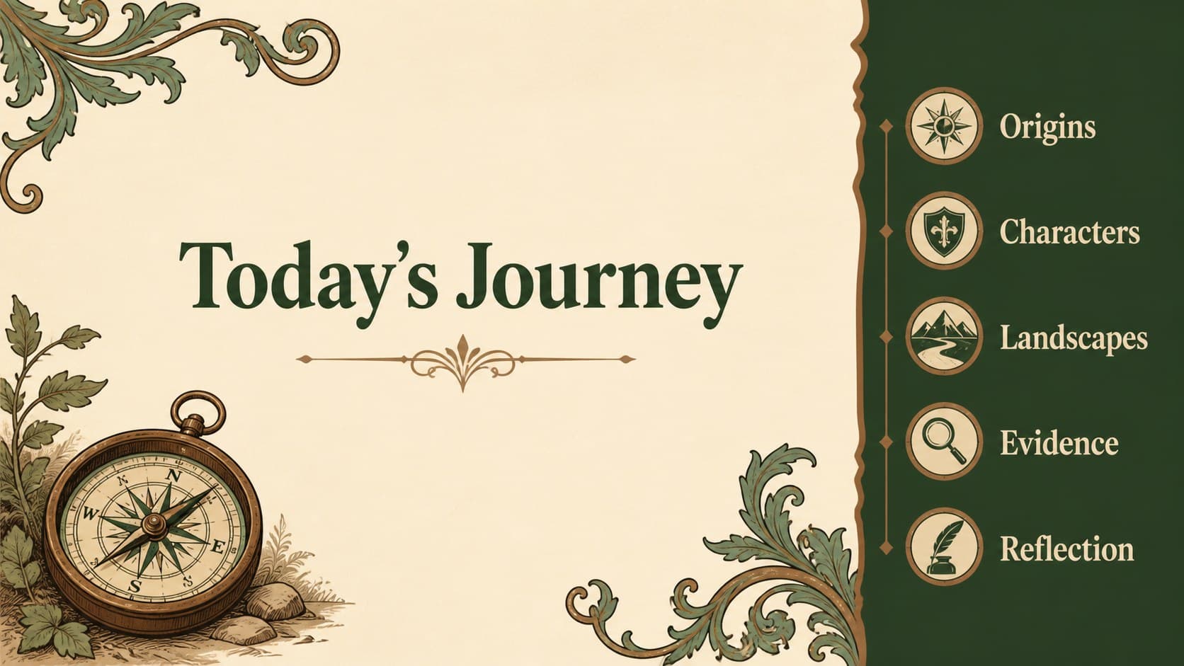 Agenda slide organizing a fantasy literature presentation into clear classroom chapters.
