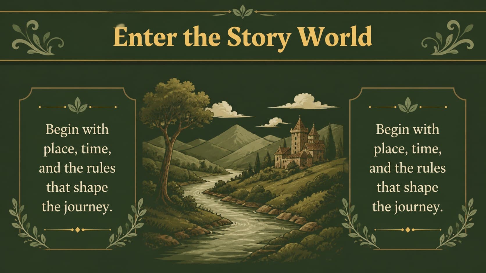 Opening lesson slide defining the imagined world through illustrated landscape elements.