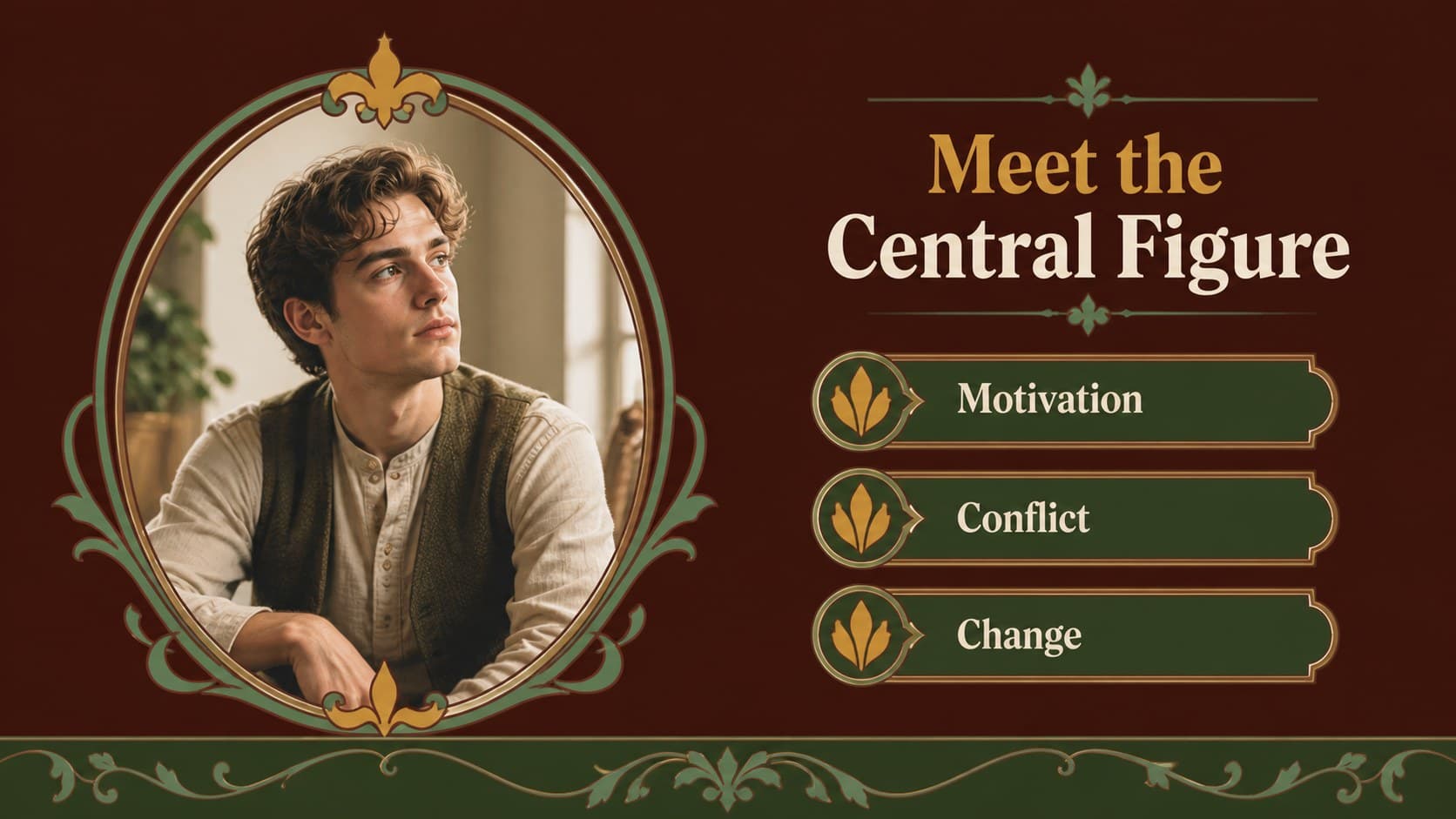 Character analysis slide pairing an illustrated portrait frame with personality notes.