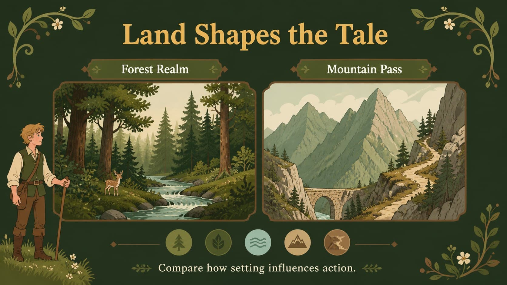 Landscape study slide comparing two fictional regions with illustrated terrain panels.