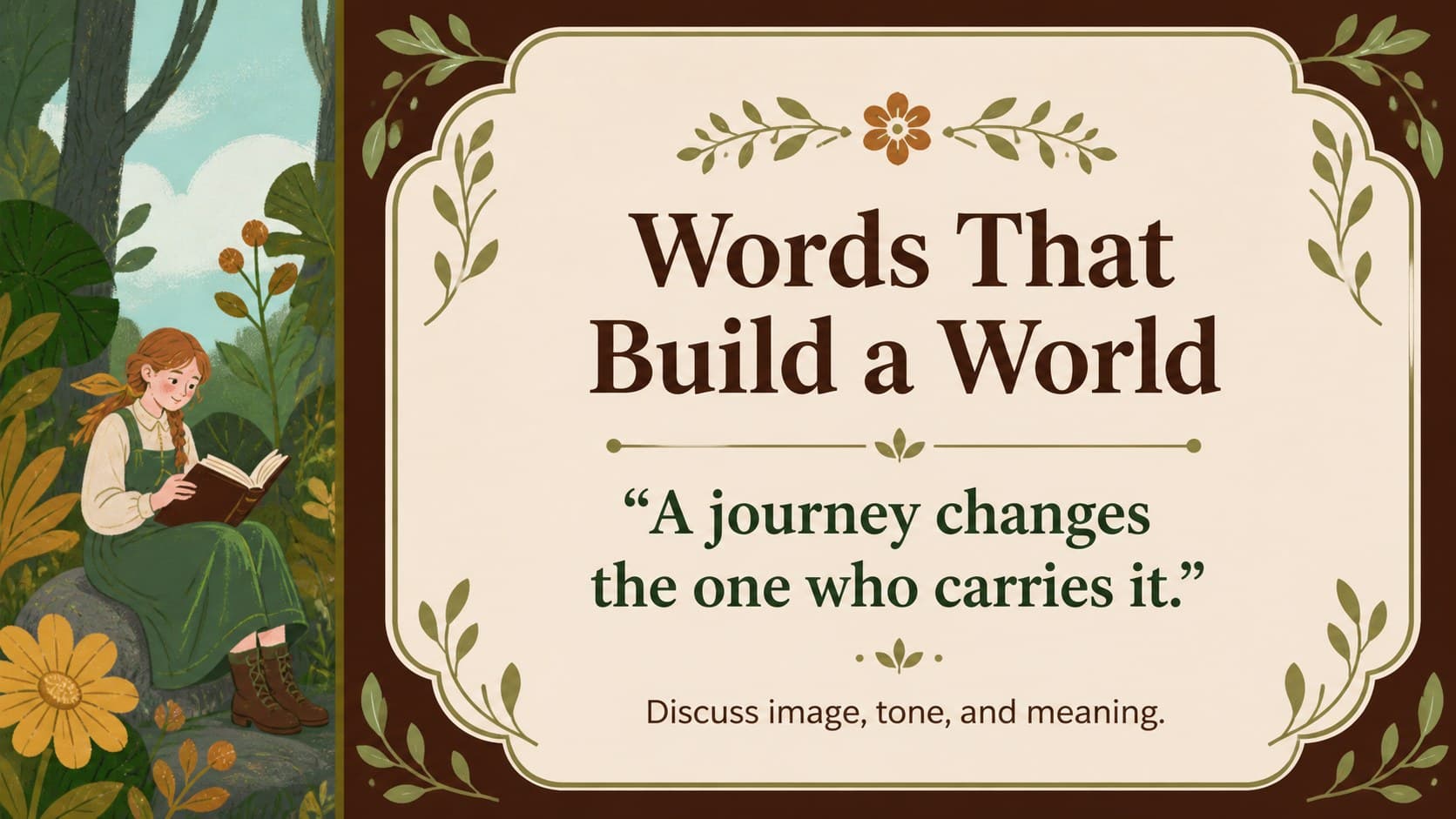 Quote analysis slide presenting a literary passage beside a botanical illustration.