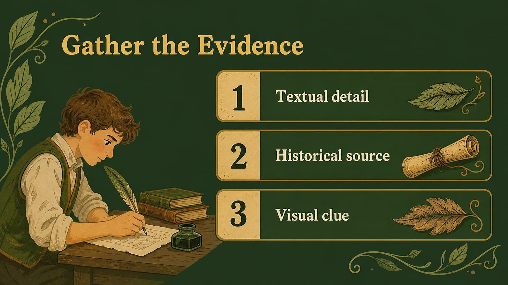 Evidence slide arranging research notes and source labels in an illustrated classroom layout.