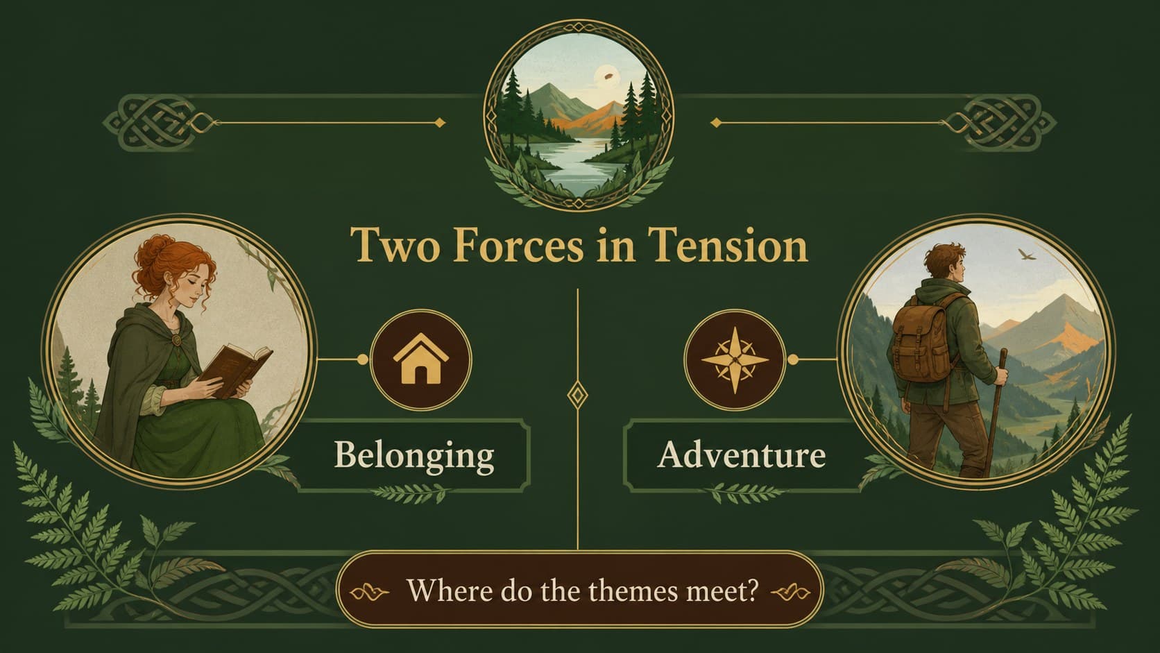Comparison slide contrasting two story themes with structured text and floral frame accents.
