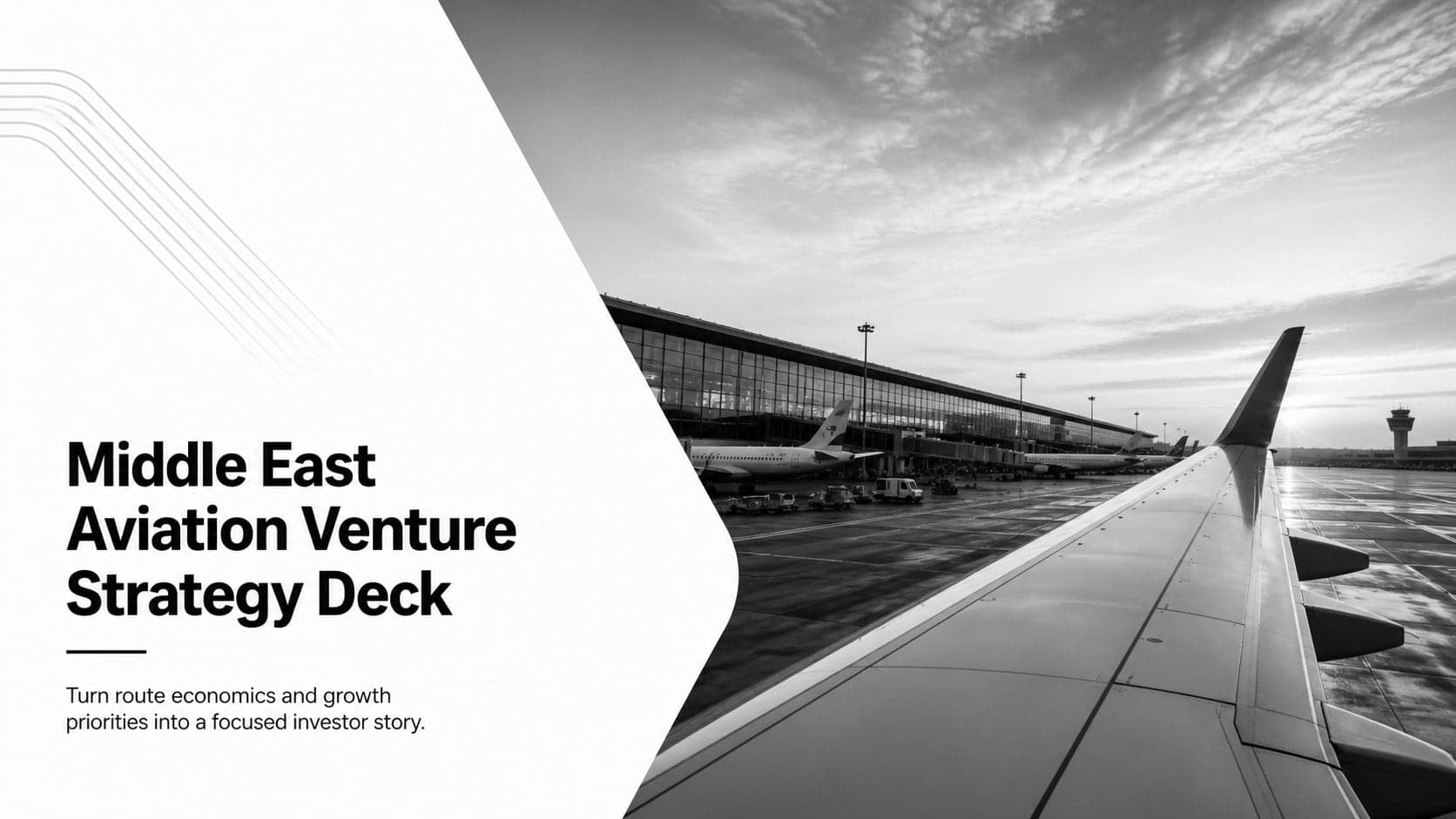 Cover of a Middle East aviation venture strategy deck with monochrome aircraft imagery and a focused investor subtitle.