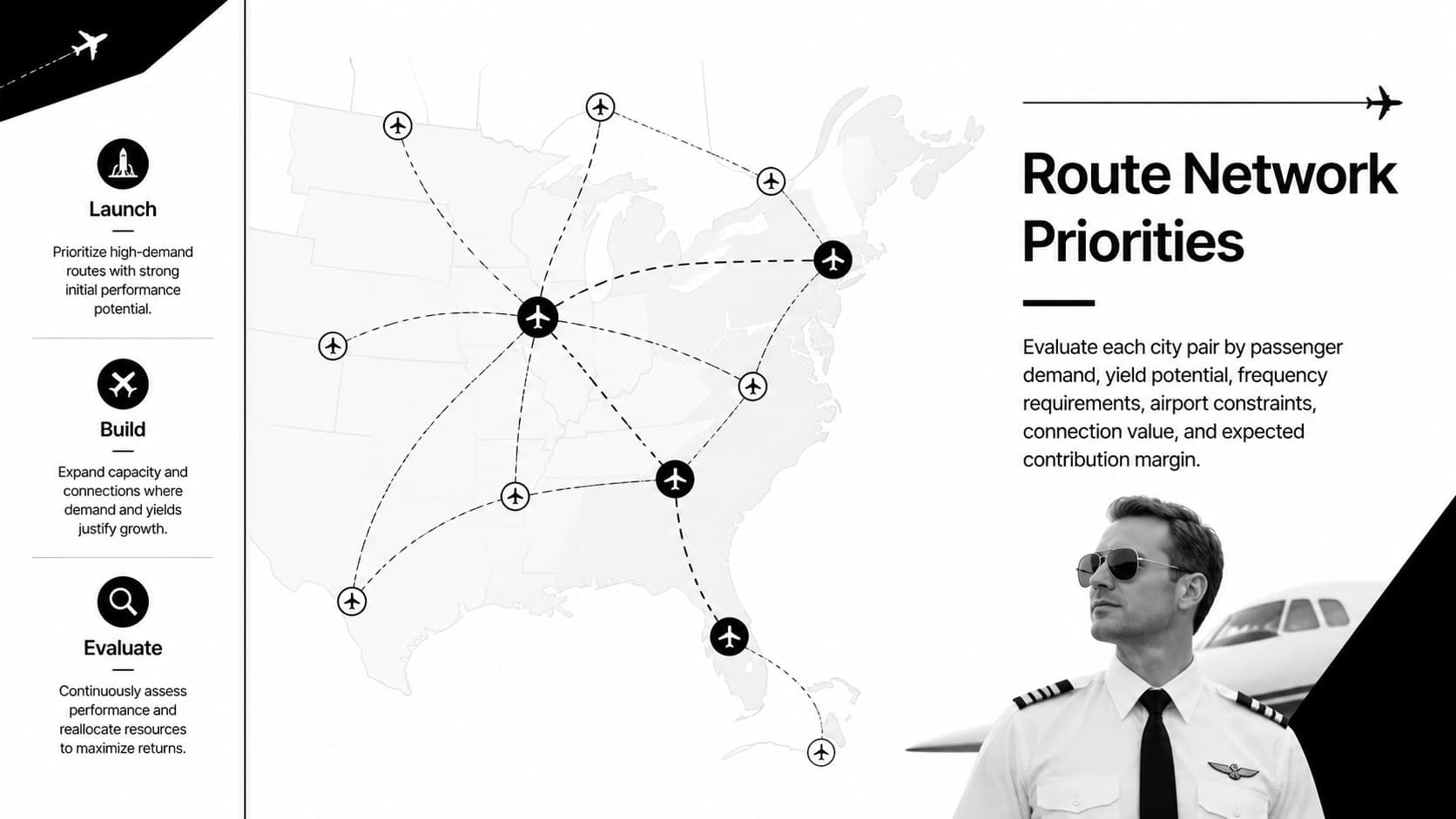 Airline route profitability slide showing a regional network map and route selection criteria.
