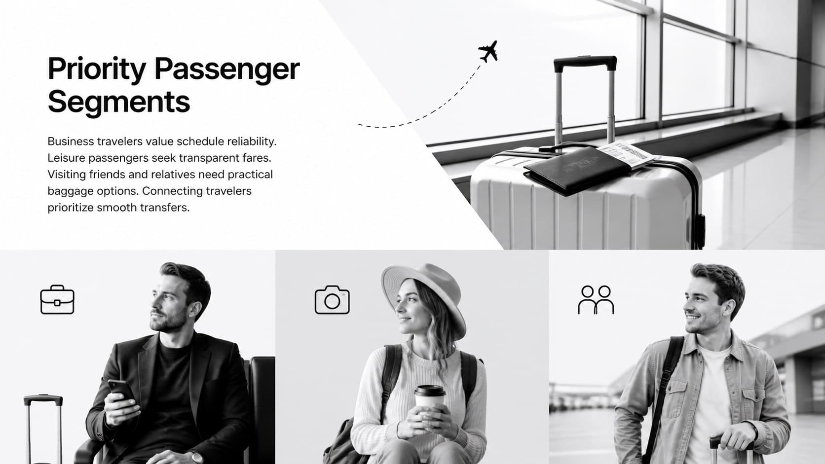 Passenger segment slide for a Middle East airline venture covering business, leisure, and connecting travelers.