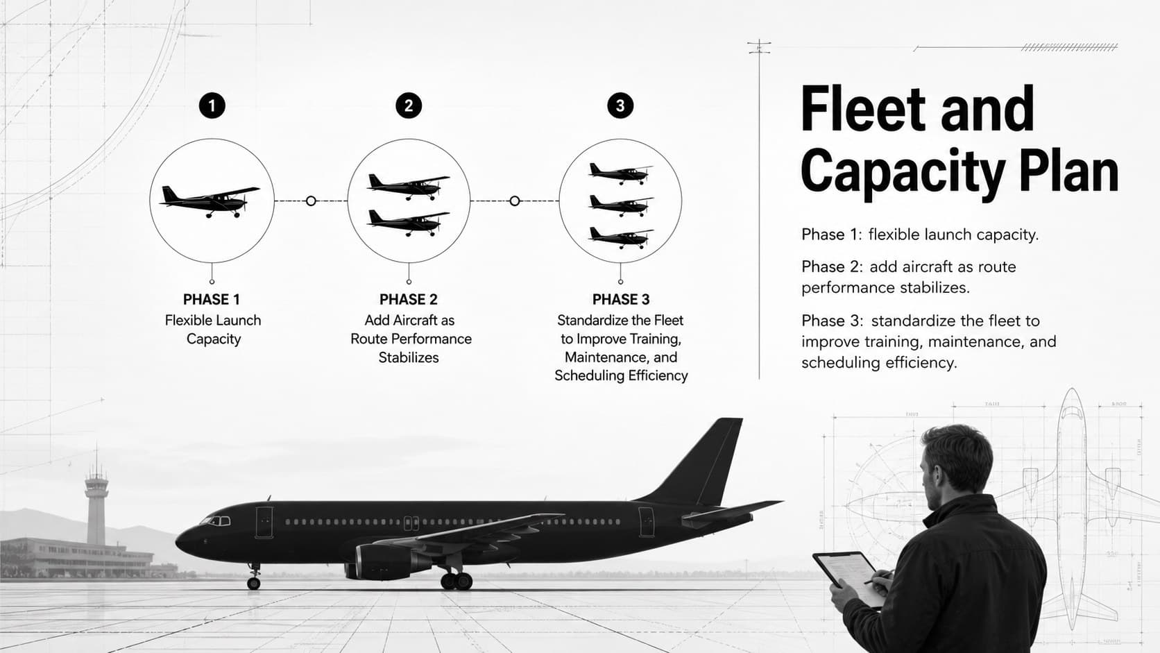 Fleet acquisition financial forecast slide pairing aircraft requirements with staged capacity growth.