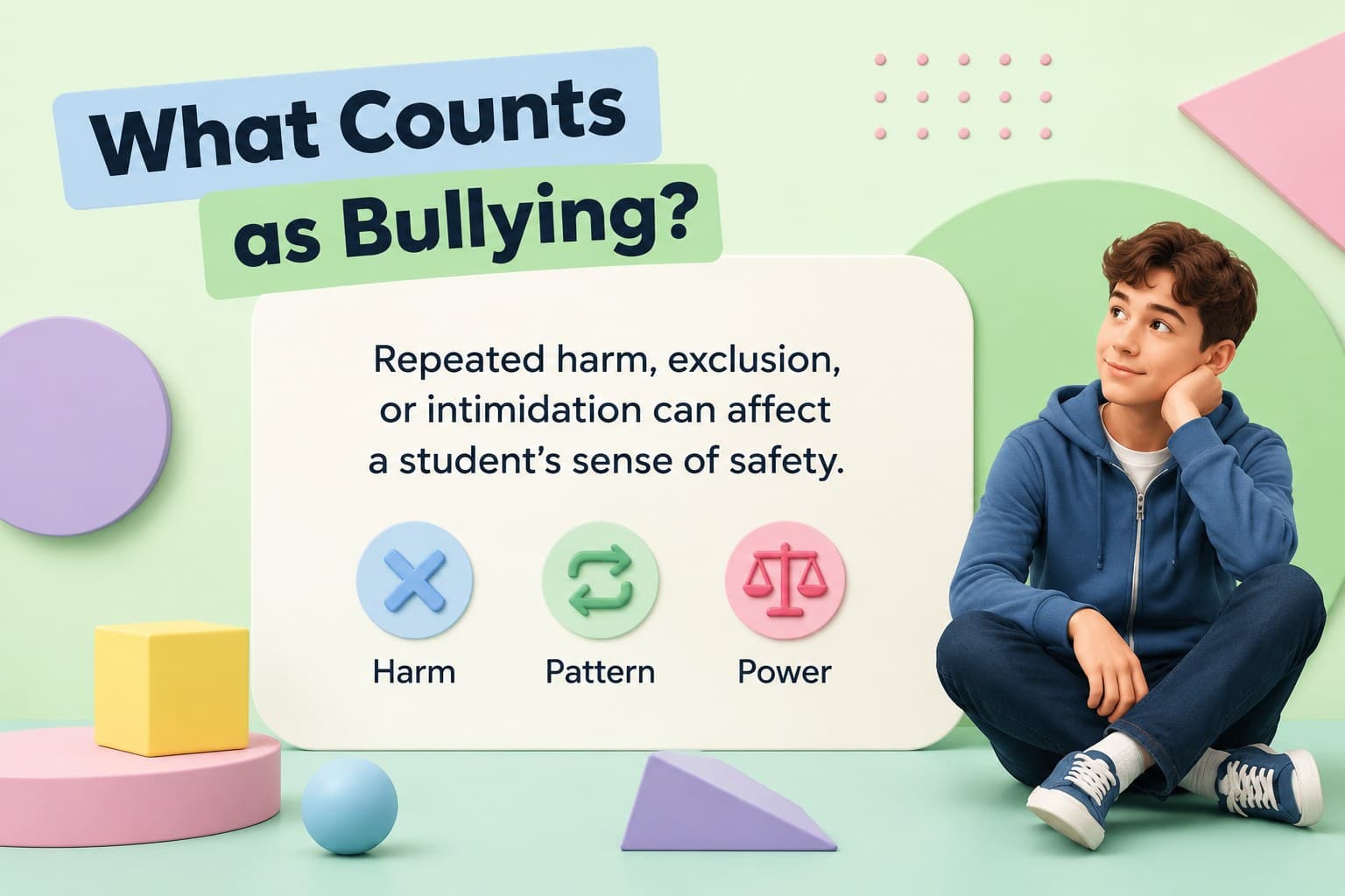 3D classroom slide defining harmful peer behavior for a middle school anti-bullying lesson.
