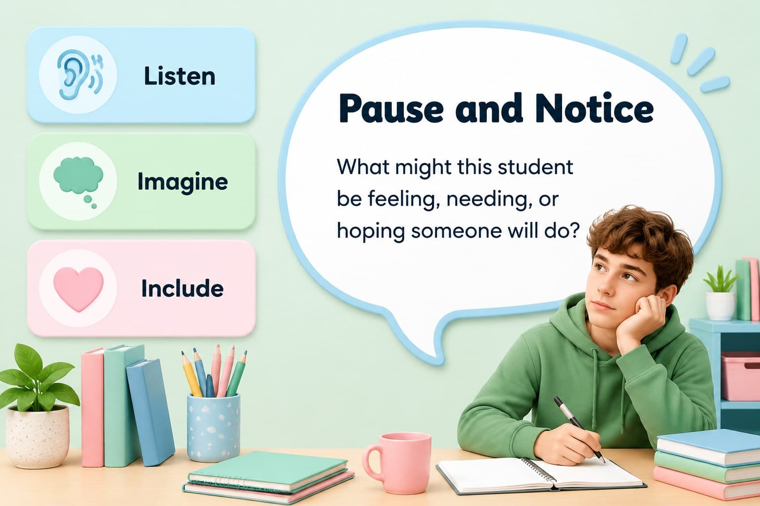 Middle school empathy activity slide with colorful 3D prompts for understanding another student’s perspective.