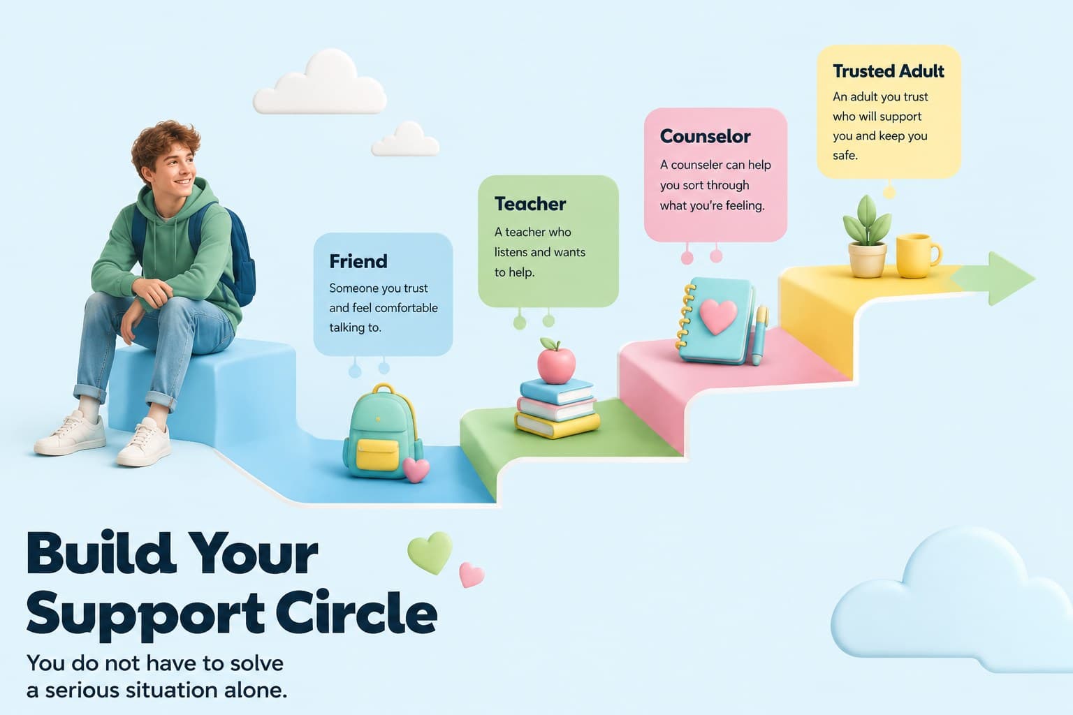 Anti-bullying classroom resource slide outlining trusted adults and support pathways.