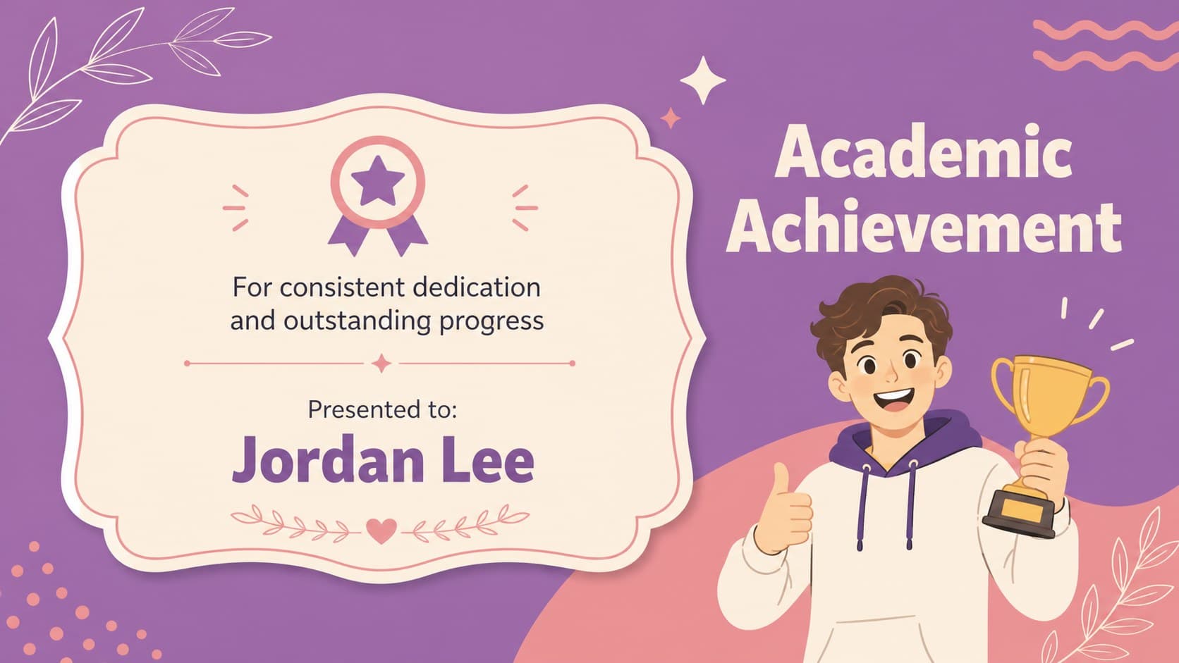 Academic achievement award slide highlighting a student's dedication in floral purple and pink styling.