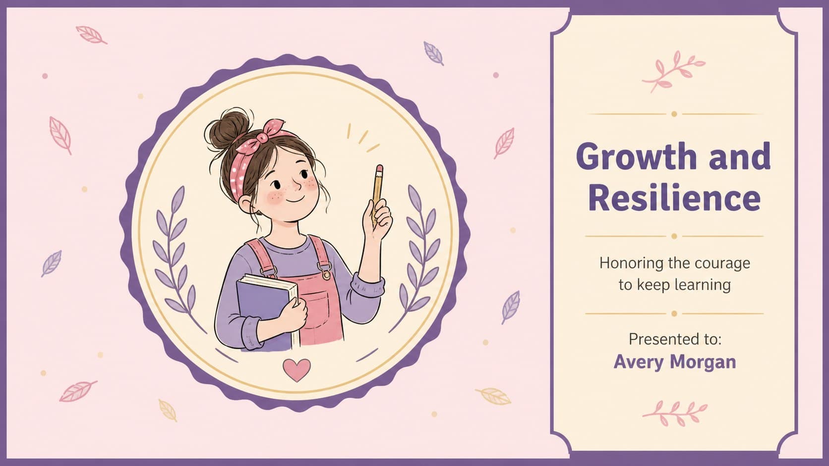 Student growth recognition slide for a school achievement celebration deck with floral decorations.