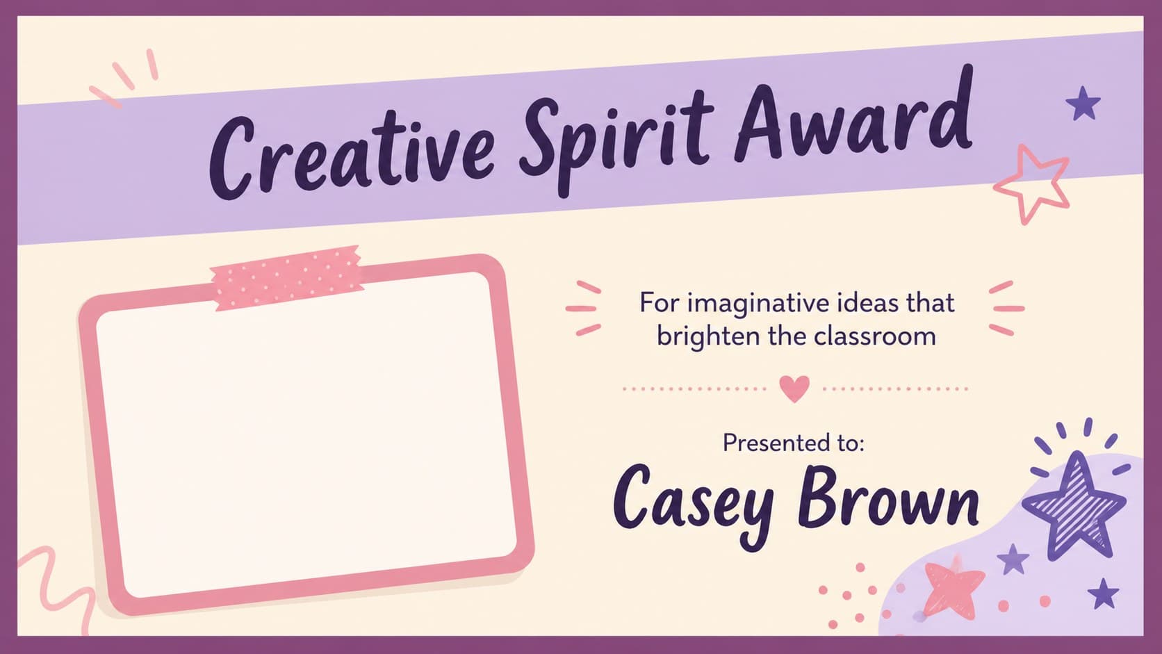 Creativity award announcement slide from an editable student award ceremony template.