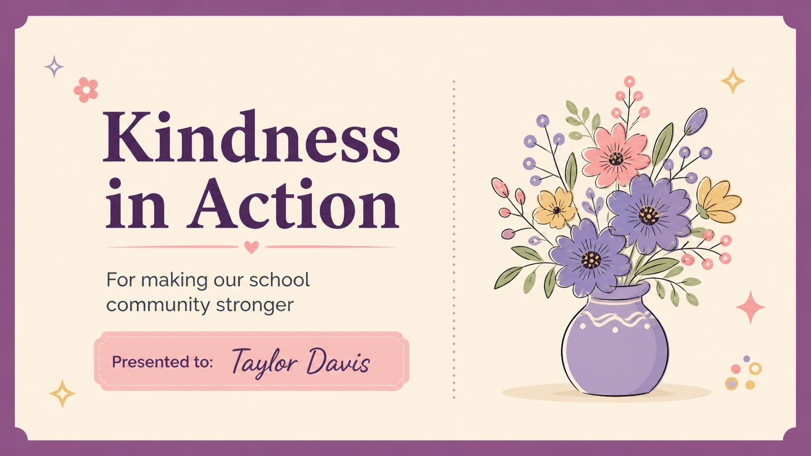 Kindness and community award slide for a floral school awards presentation.