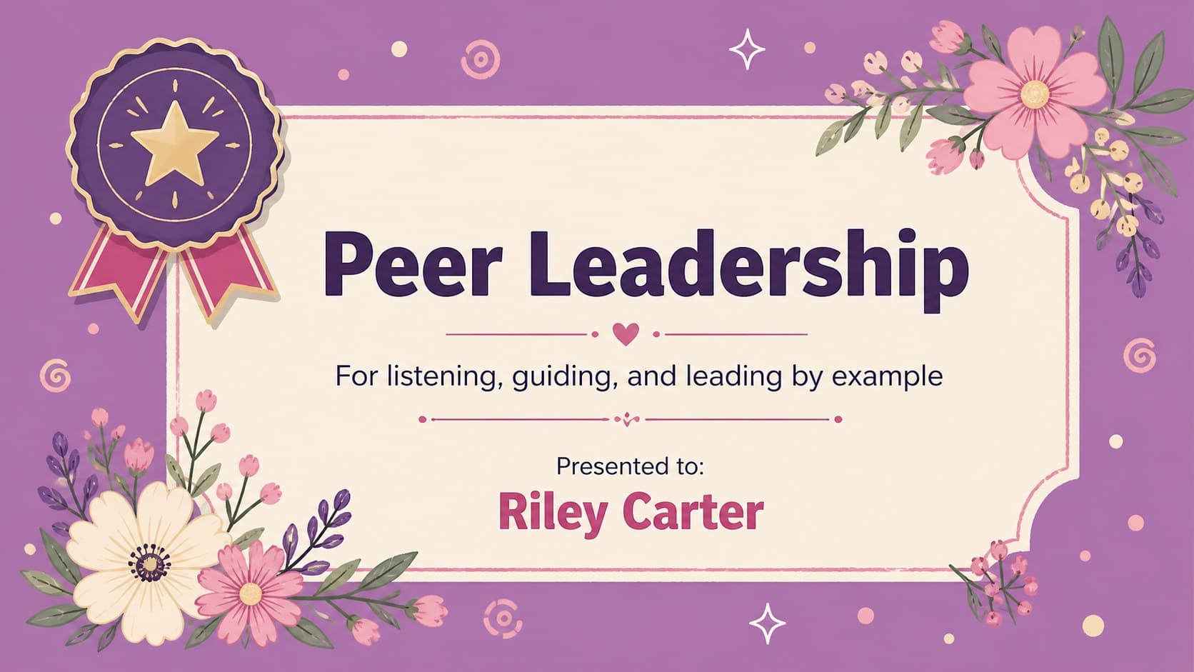 Peer leadership award slide in a middle school awards night deck with a certificate-style layout.