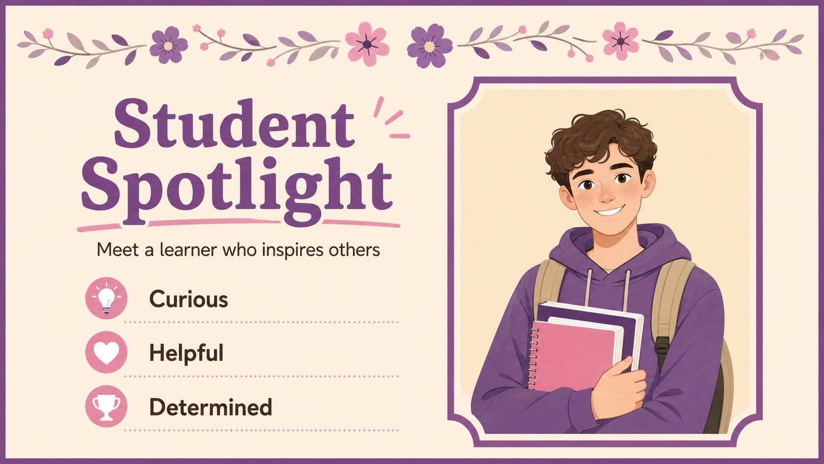Nominee spotlight slide for a middle school certificate ceremony with editable photo and text areas.