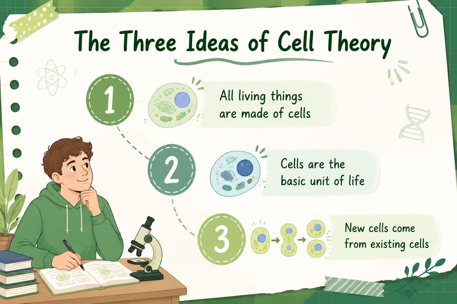 Cell theory overview slide presenting the three foundational statements of cell biology.
