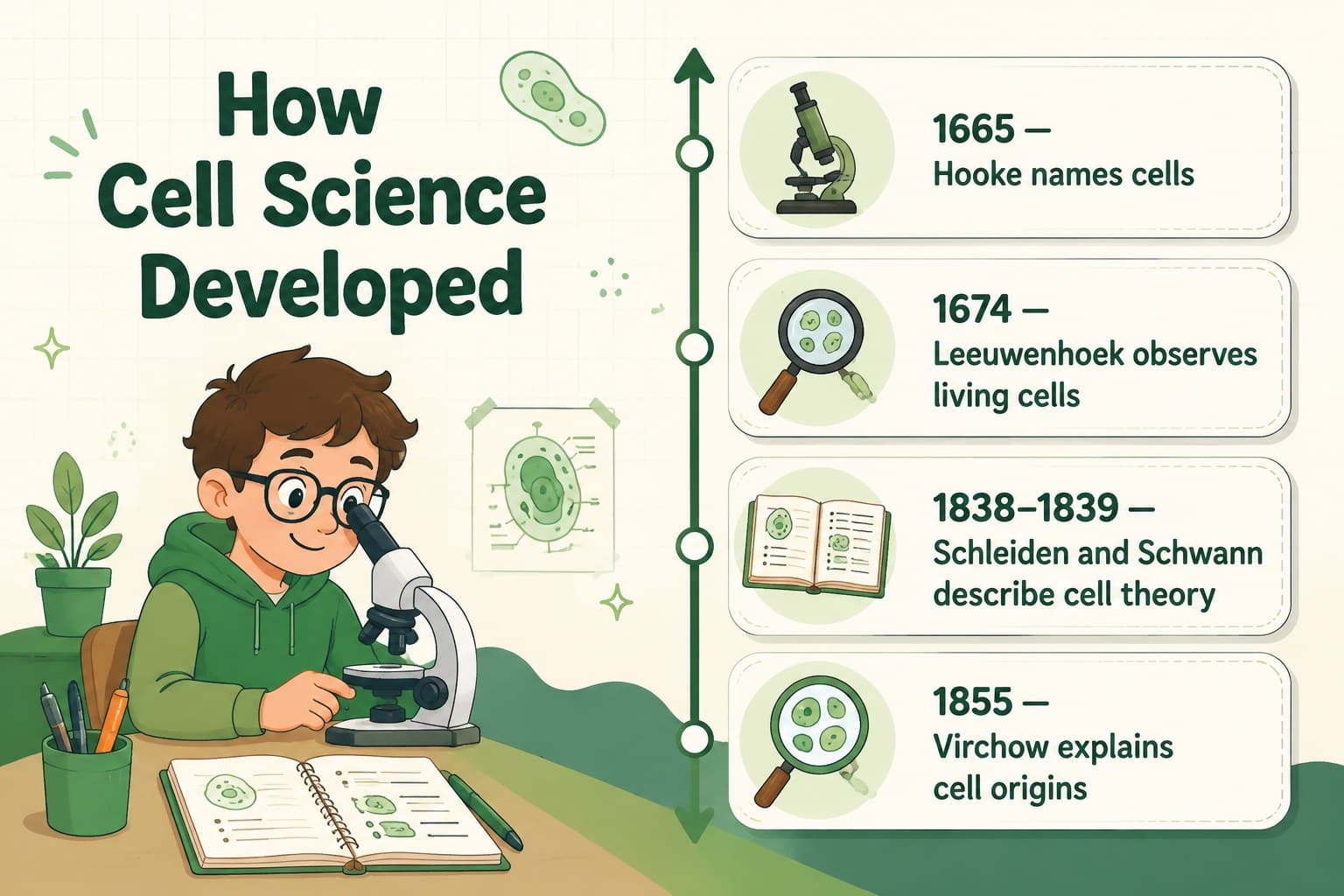 Historical timeline slide showing major discoveries that shaped cell theory.
