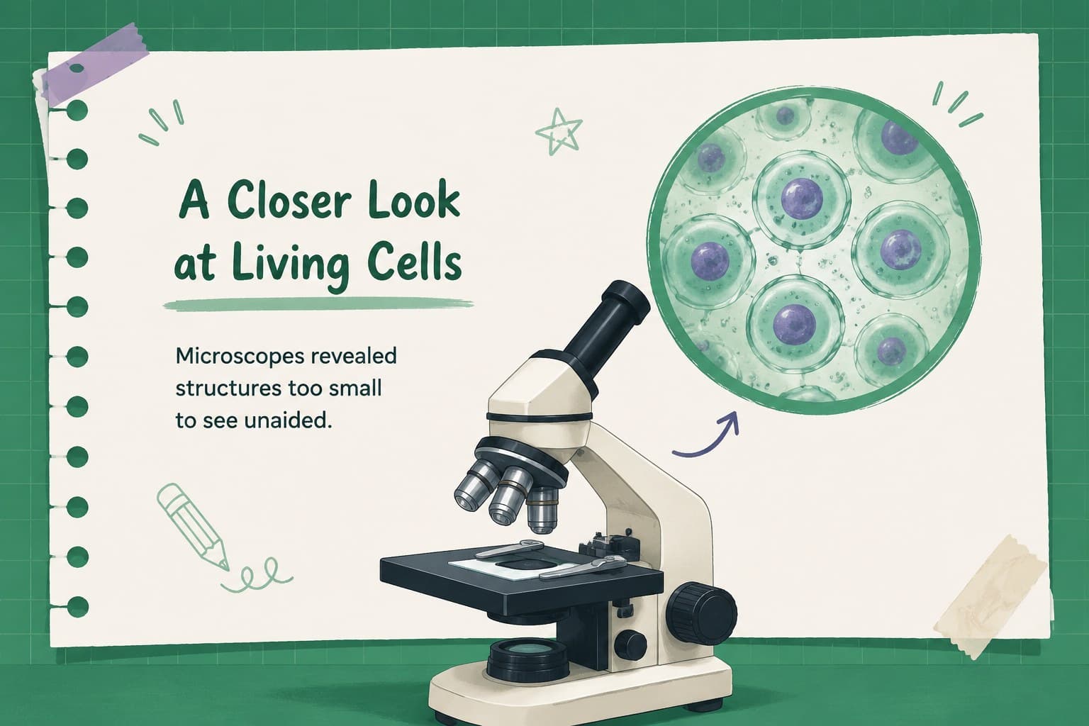 Cell observation slide introducing microscopes and evidence from early cell research.