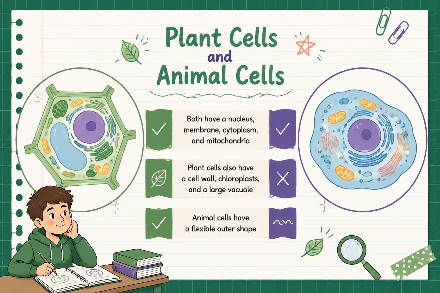 Plant and animal cell comparison slide with contrasting illustrated cell diagrams.