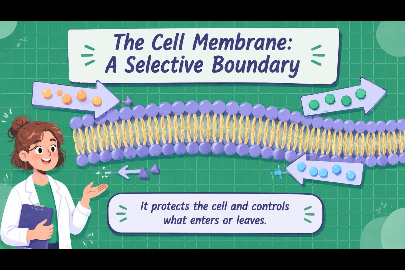 Cell membrane slide explaining how the boundary controls movement in and out of a cell.
