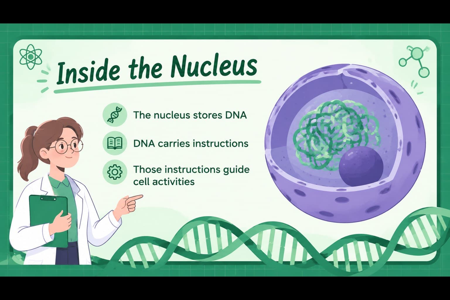 Nucleus and DNA slide showing how genetic information directs cell activity.