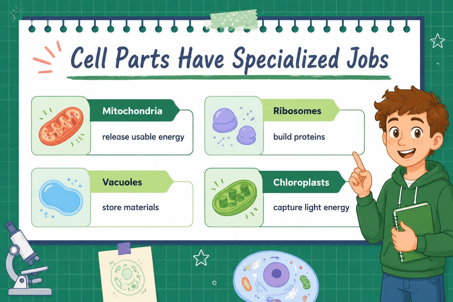 Organelle function slide mapping major cell parts to their biological roles.