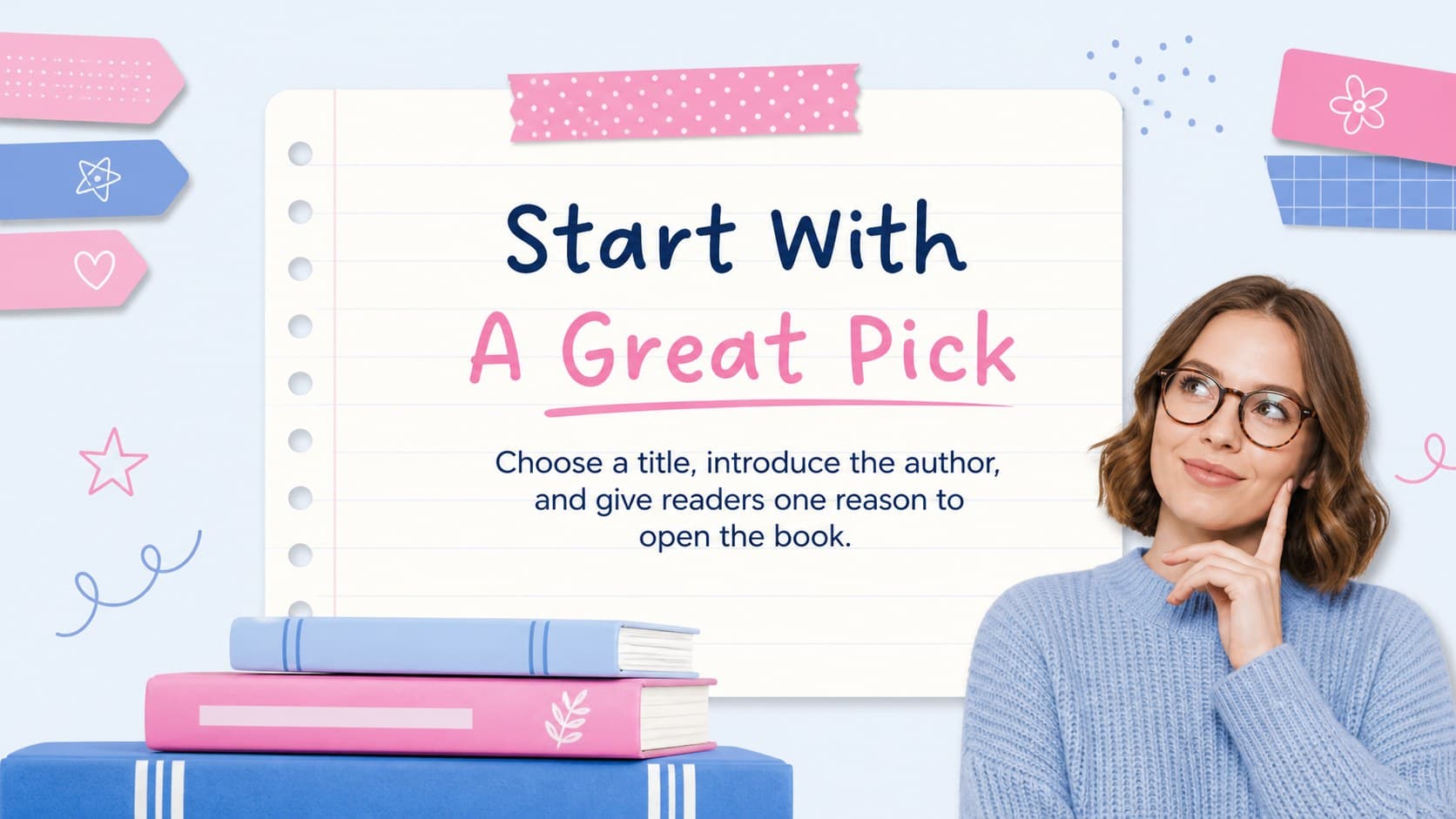 Blue and pink introduction slide explaining how to use a classroom book talk presentation.