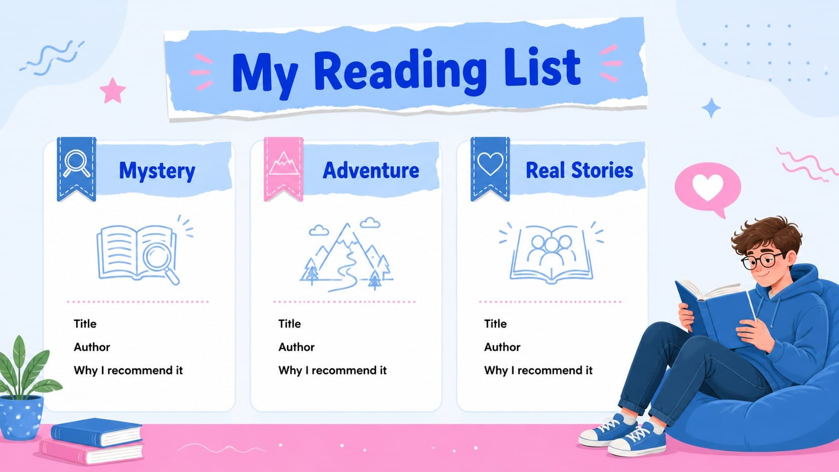 Colorful reading list layout for a middle school reading list template with three featured books.