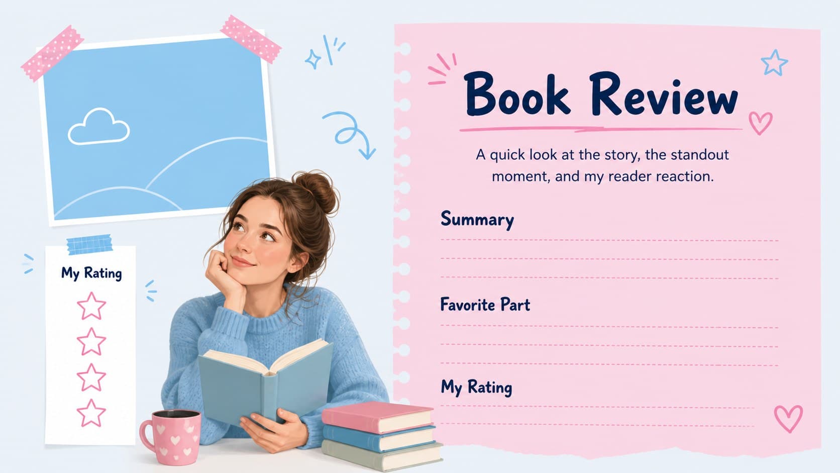 Student book review slides layout showing a title, summary, and personal reaction in scrapbook style.