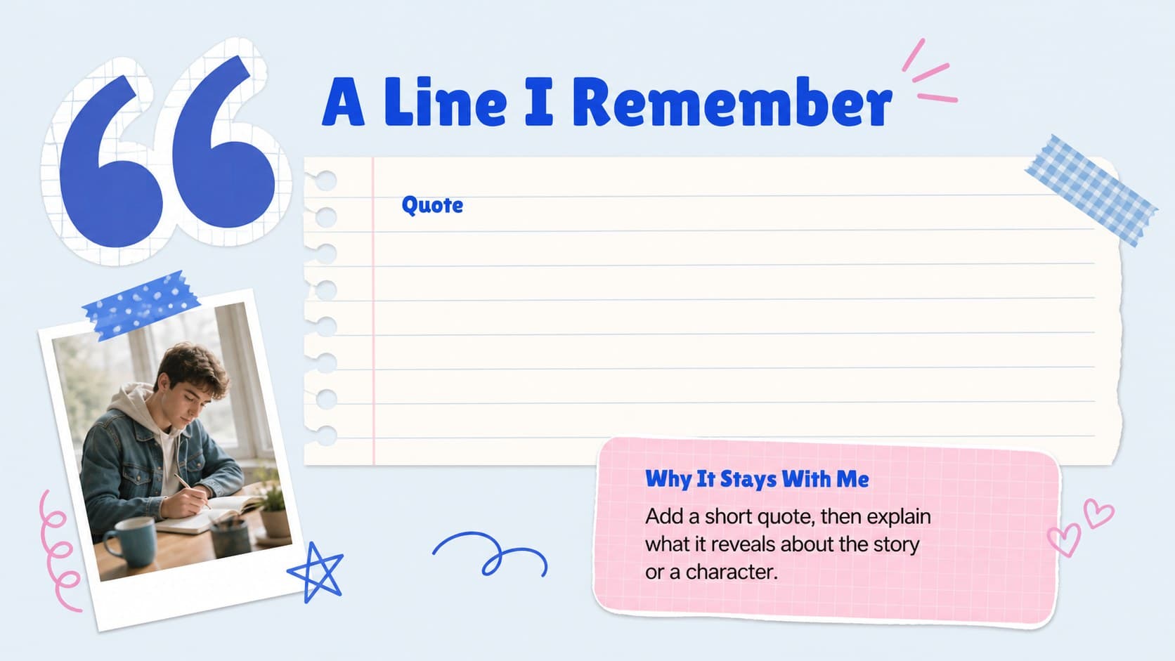 Student book review slides layout focused on memorable quotes and reading reflections.