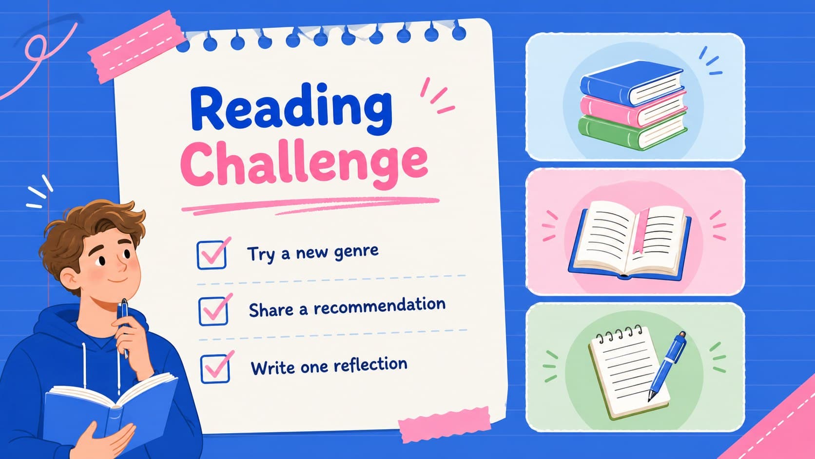 Colorful reading challenge presentation slide with a checklist of student reading goals.