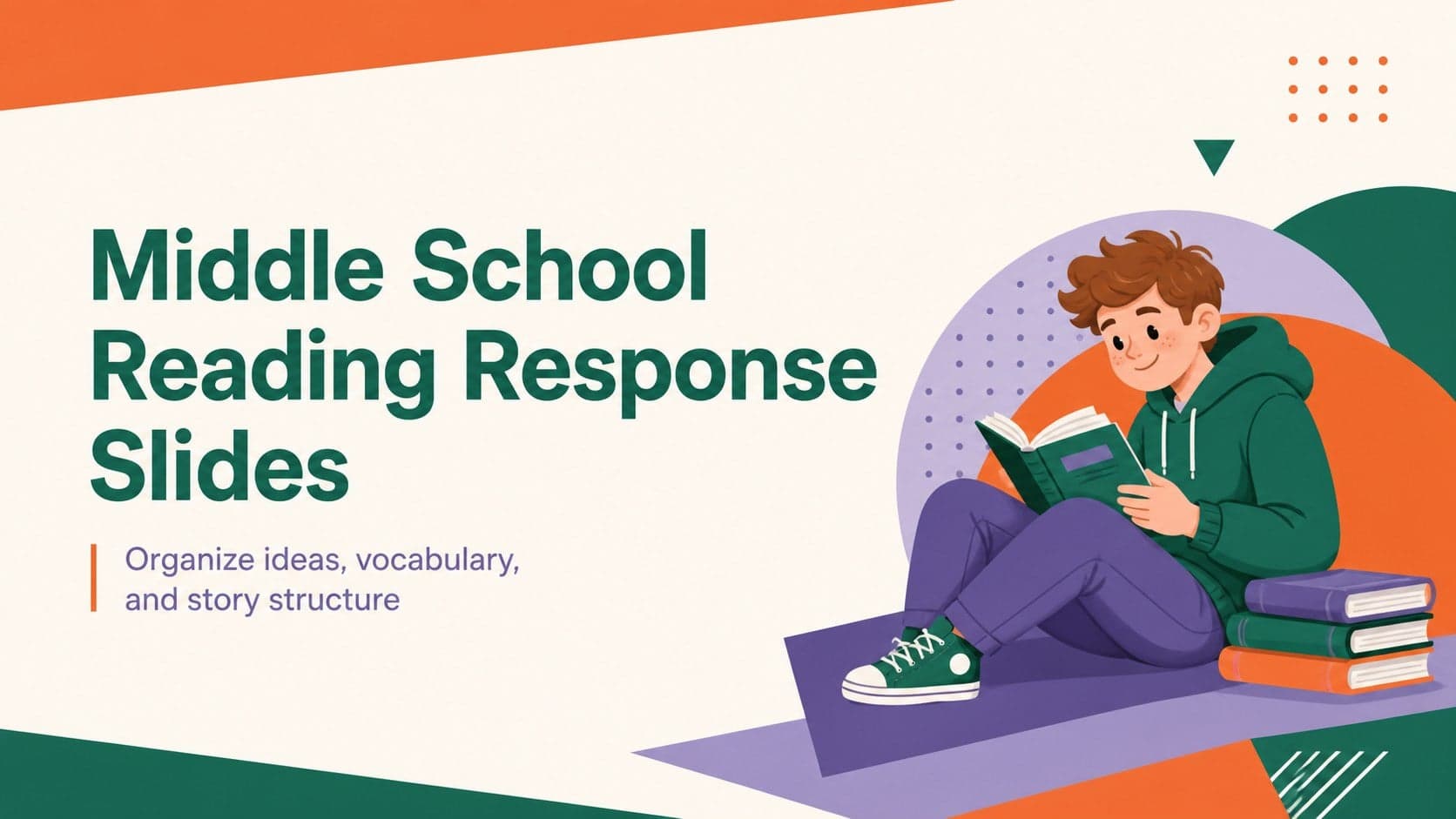 Cover slide for a middle school reading response presentation with bold geometric shapes and a colorful green, purple, and orange palette.