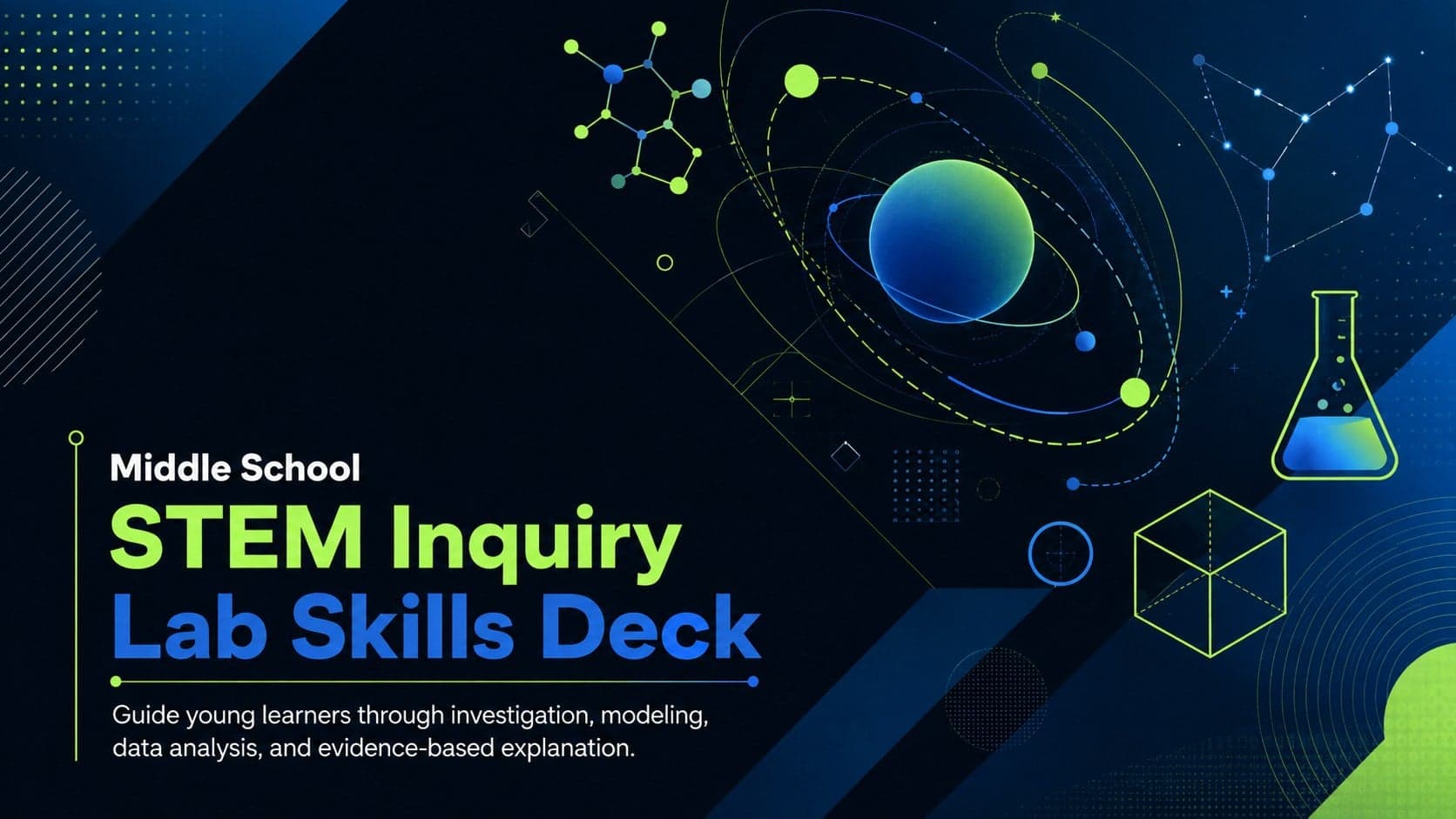 Cover of the Middle School STEM Inquiry Lab Skills Deck with blue and green space-inspired educational graphics.