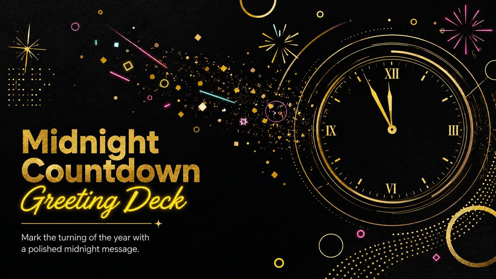 Midnight Countdown Greeting Deck cover with luminous gold lettering and neon celebration details on a black background.