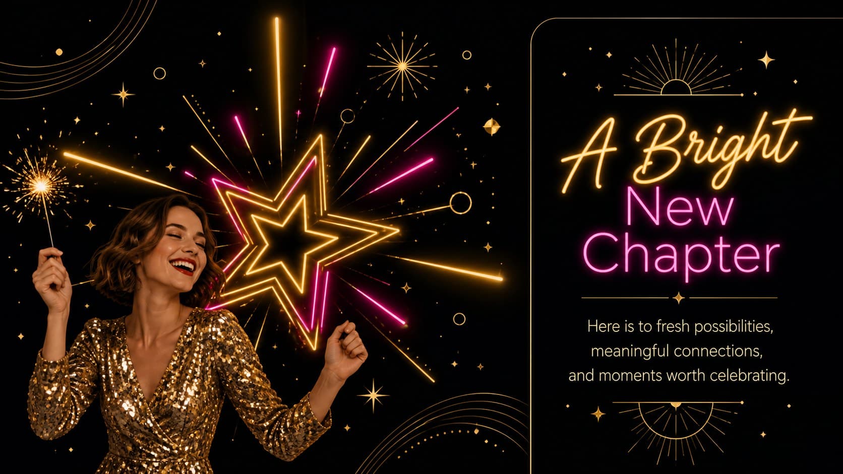 Black and gold New Year slide welcoming viewers to a bright new chapter with neon starburst graphics.