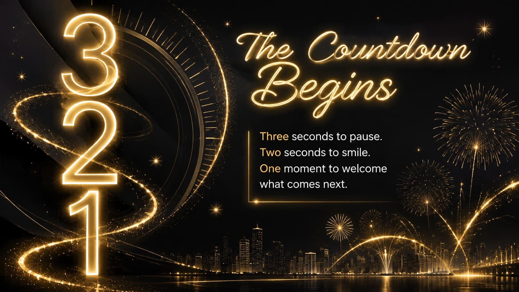 New Year countdown presentation template slide featuring oversized gold numerals and an uplifting midnight message.