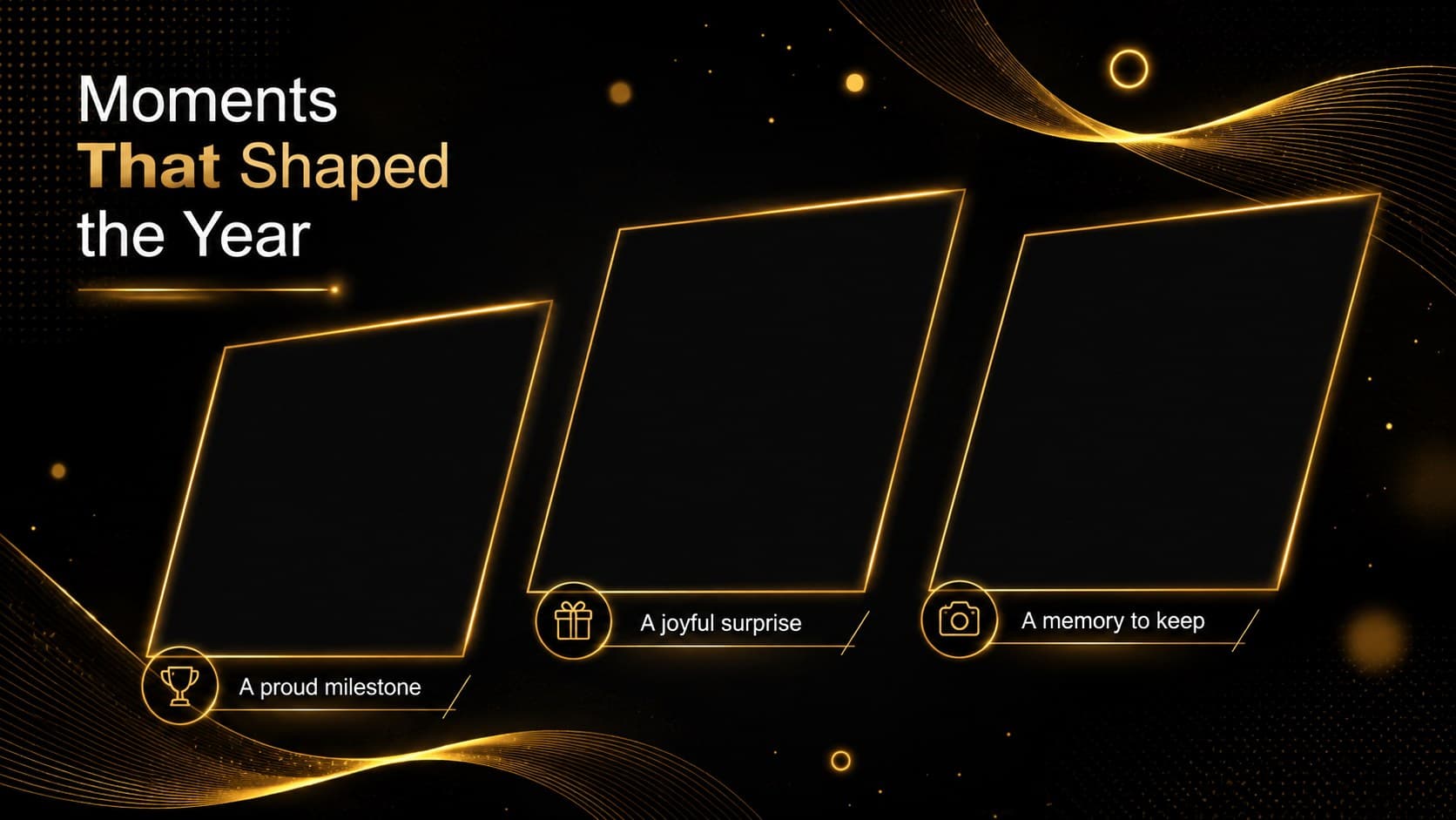 Elegant midnight celebration presentation slide with three gold-framed spaces for favorite memories.