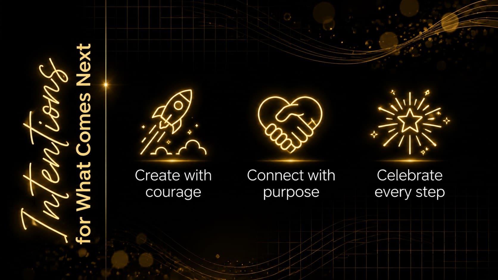 Festive Google Slides greeting template page presenting three intentions with neon icons and gold typography.