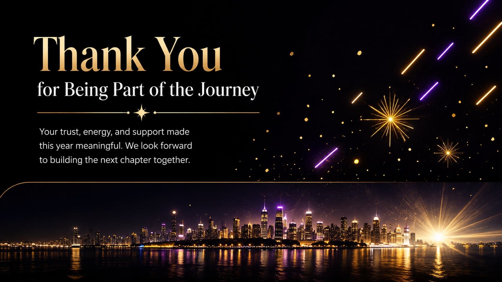 Business New Year wishes slideshow page with an appreciative team message and refined gold accents.