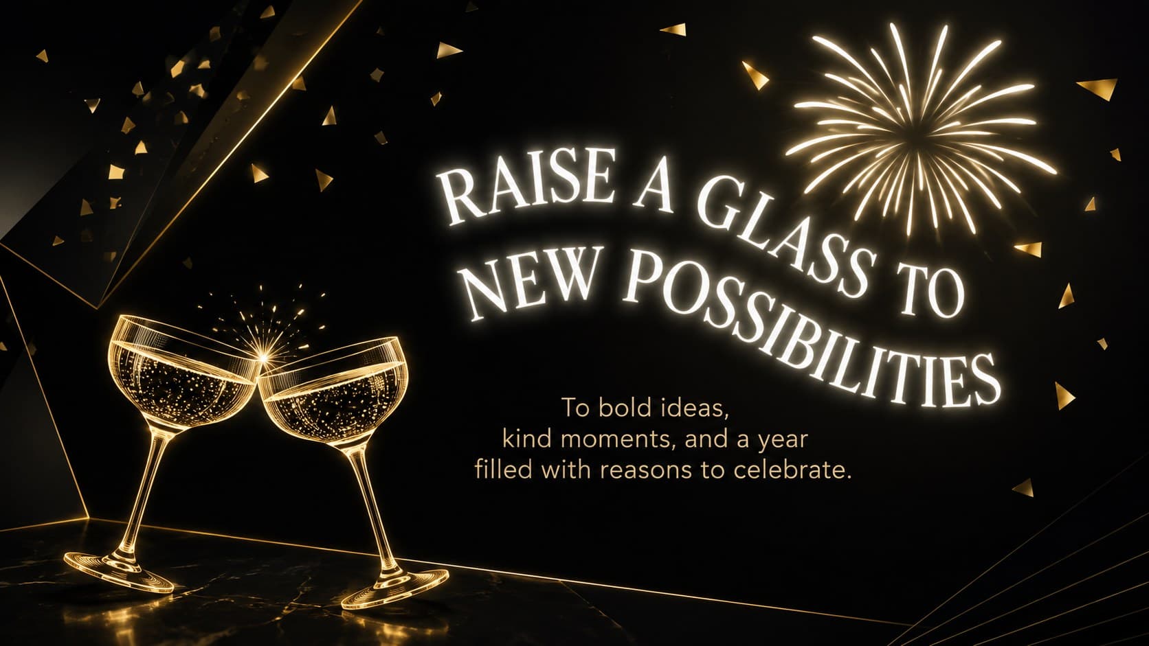 Animated holiday greeting presentation slide with a midnight toast message, gold glasses, and neon fireworks.