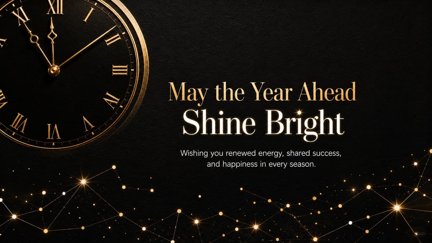 New Year message slide for PowerPoint showing a glowing midnight clock and warm wishes for the coming year.