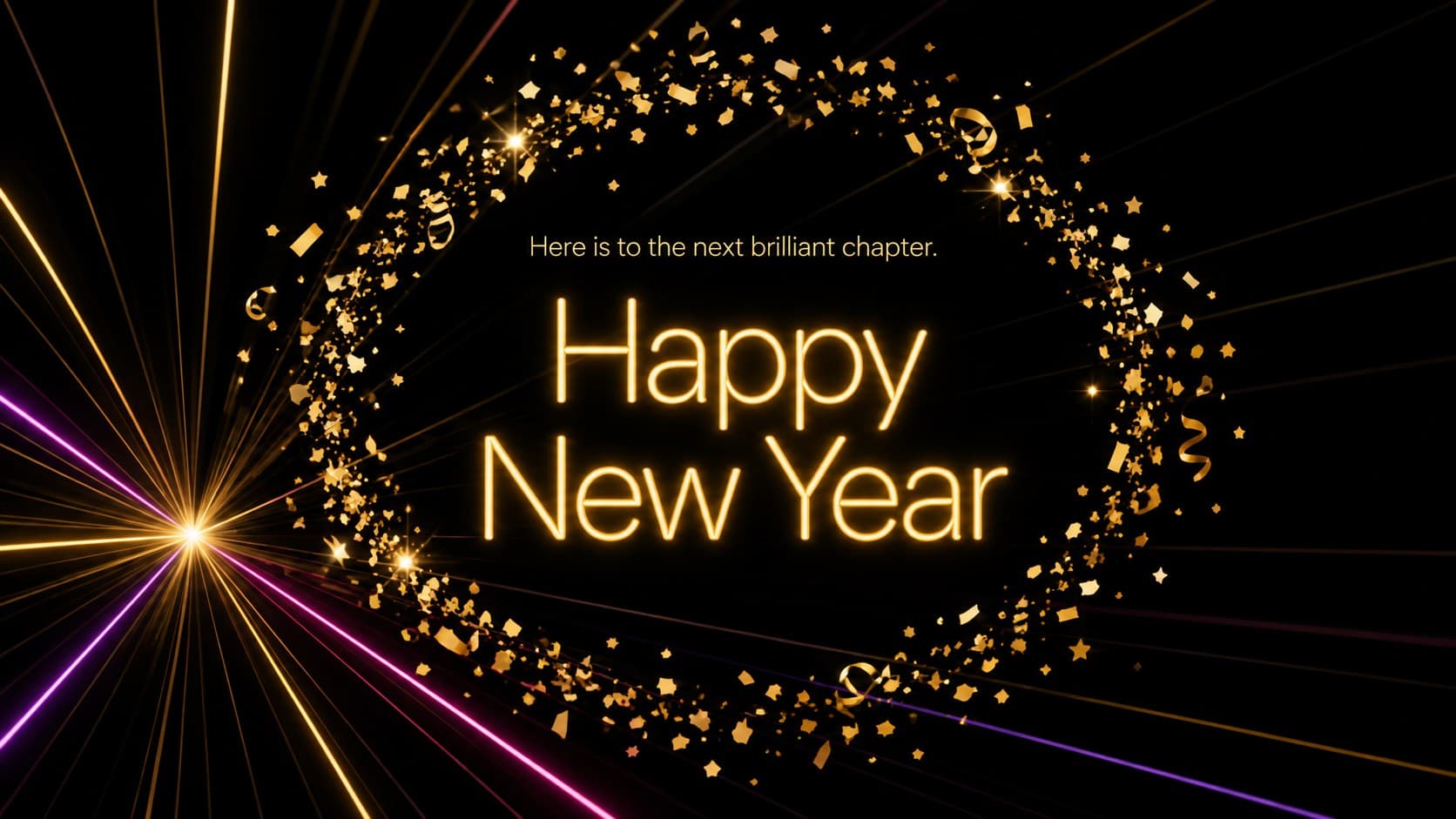 Midnight Countdown Greeting Deck closing slide with a Happy New Year message and radiant gold confetti.