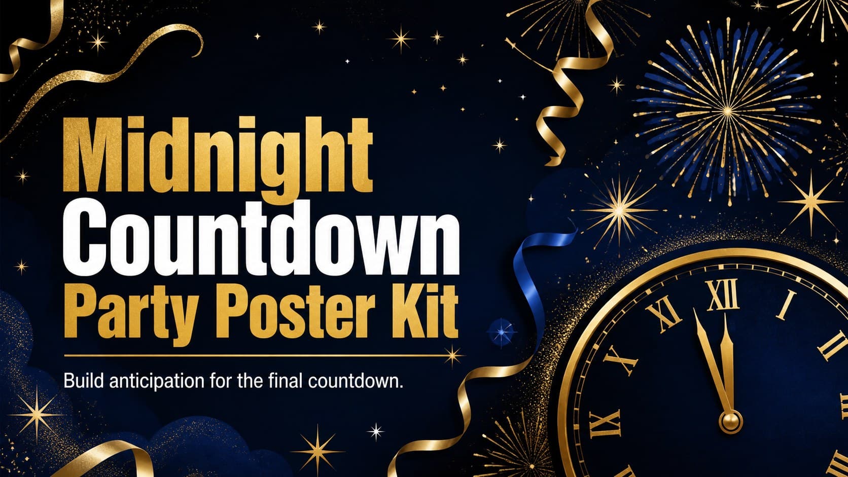 Midnight Countdown Party Poster Kit cover with bold gold lettering, a blue night background, fireworks, stars, and a festive clock illustration.