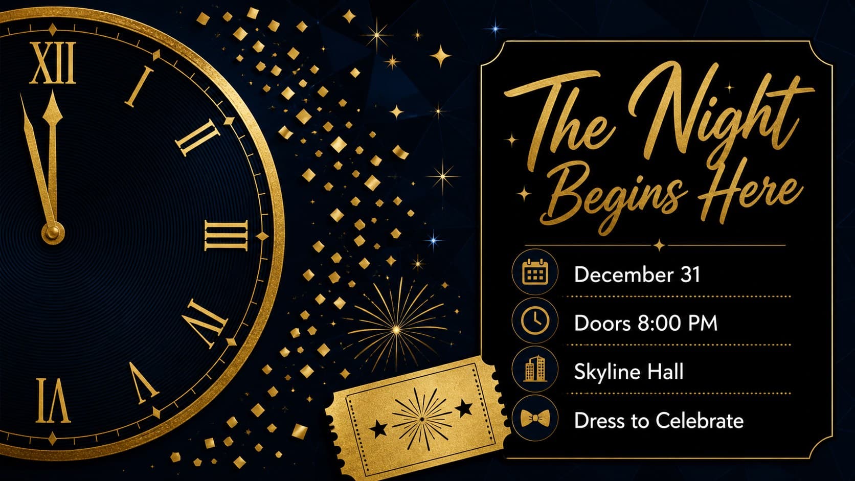 Blue and gold countdown party event details slide displaying the date, opening time, venue, and dress code.